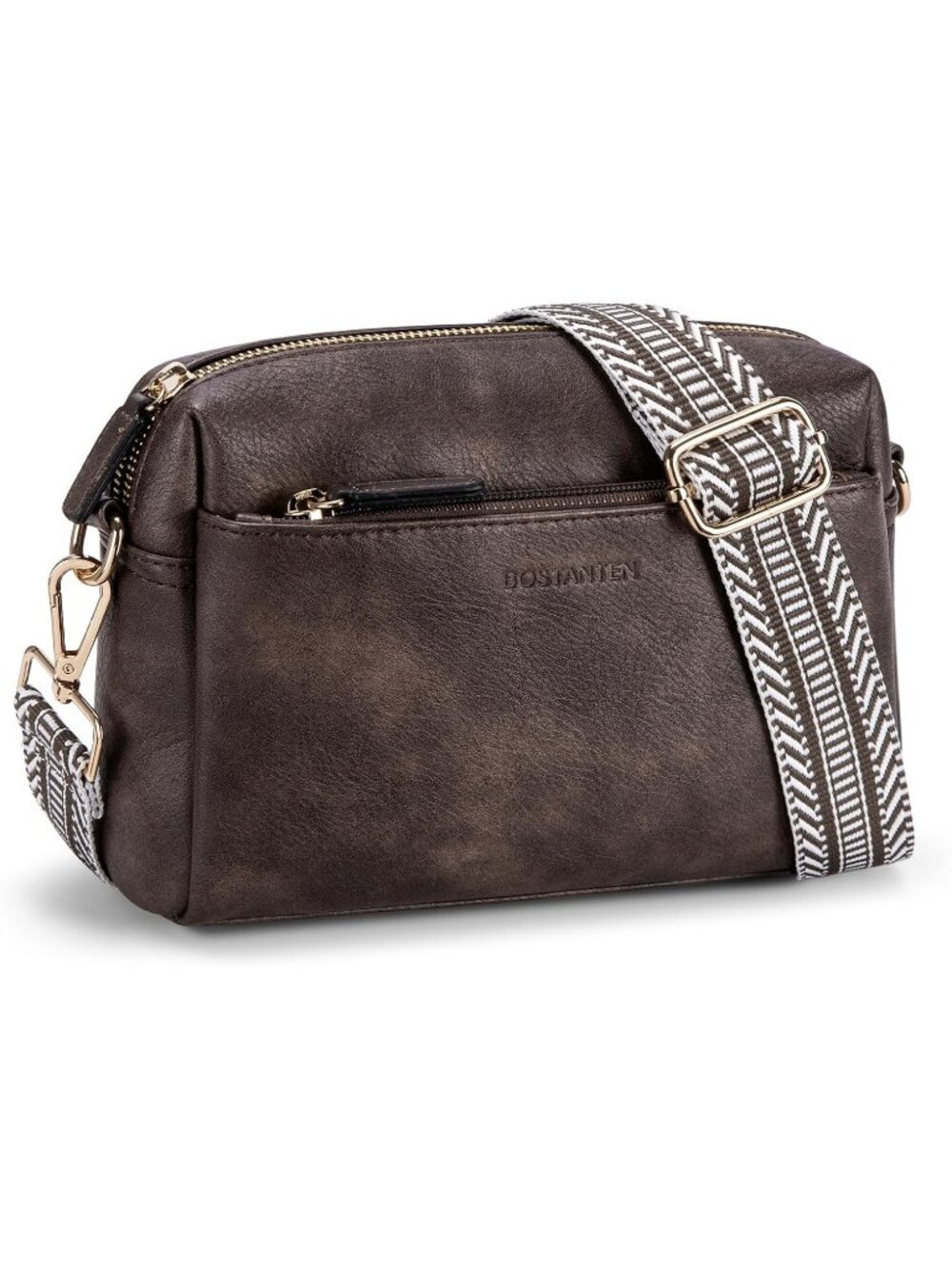 Women's Coffee Leather Triple Zip Crossbody Bag Purse with Color Shoulder Straps